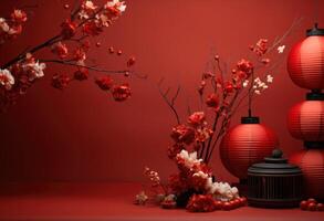 AI generated a red background with some papers and paper lanterns photo