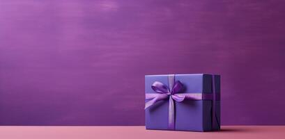 AI generated a purple gift box with a ribbon on a wooden table against a purple wall photo