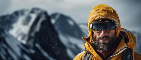 ai generado un hombre en un amarillo chaqueta y gafas de protección es en un congelado montaña foto