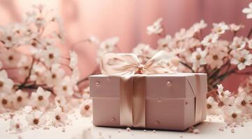 ai generado un rosado caja con blanco flores a lo largo con cintas foto