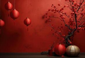 AI generated a red background with some papers and paper lanterns photo