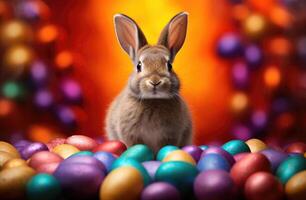 ai generado un Conejo se sienta en el césped cerca muchos de colores huevos foto