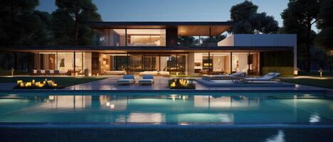 ai generado un representación de un moderno casa con piscina foto