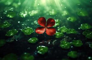 AI generated a small red four leaf clover with water drops, photo
