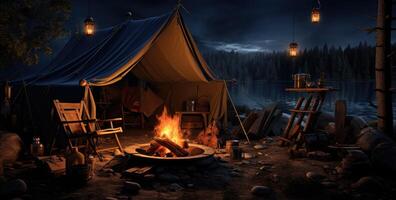 AI generated a tent with a camp fire and logs on the ground photo