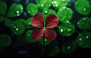 ai generado un pequeño rojo cuatro hoja trébol con agua gotas, foto