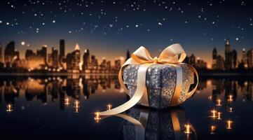 AI generated a silver heart gift box with bow and golden ribbon on a sunny night sky photo