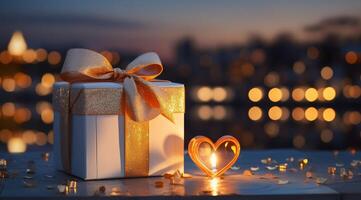 AI generated a silver heart gift box with bow and golden ribbon on a sunny night sky photo