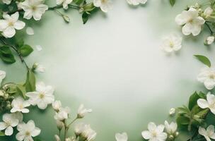 AI generated a white frame of blossoms surrounds a green surface, photo
