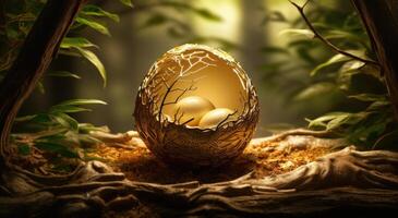 AI generated a golden egg in the nest of a tree in the sunlight with a wooden board photo