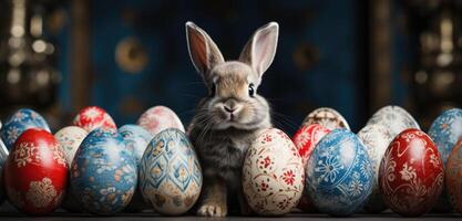 AI generated a small rabbit sits next to a bunch of colored easter eggs, photo