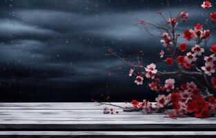 AI generated a cold winter scene with red buds on an overturned wood platform photo