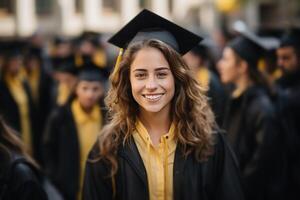 ai generado un hembra graduado sonriente entre graduación graduados foto