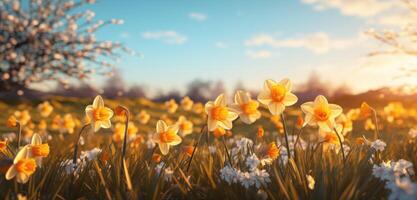 AI generated a field of yellow daffodils in the spring time photo