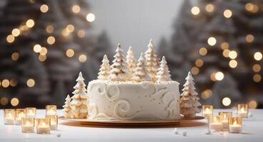 AI generated a simple cake with christmas trees is placed in a snowy backdrop photo