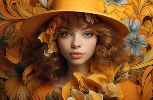 ai generado un sonriente niña con un flor en su sombrero foto