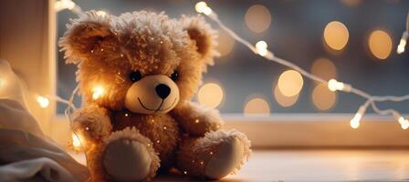 AI generated a sleeping teddy bear sits in the window near a string lights, photo