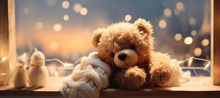 AI generated a sleeping teddy bear sits in the window near a string lights, photo