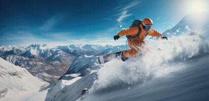 AI generated a snowboarder flying through a snowy valley in an orange hat photo