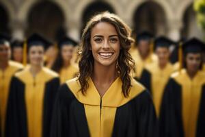 ai generado un graduado sonriente en graduación vestido en frente de un grupo de graduarse personas mayores foto