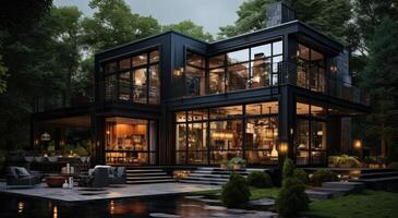 AI generated a modern black house with patio and trees photo