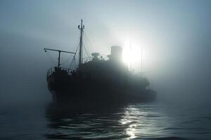 AI generated spectral ghost ship at foggy morning or evening. Neural network generated image photo