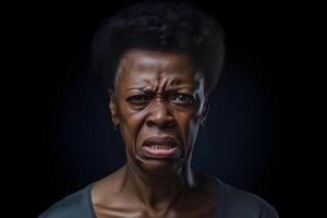 ai generado enojado mayor africano americano mujer, cabeza y espalda retrato en negro antecedentes. neural red generado imagen foto