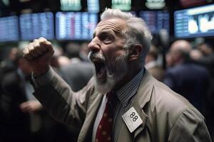 AI generated caucasian man yelling with rised hand in stock exchange, neural network generated image photo