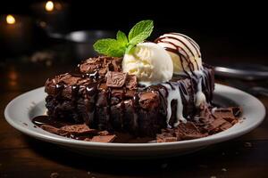 AI generated Slice of delicious and rich chocolate cake, served with a scoop of vanilla ice cream on top. Neural network generated photorealistic image photo