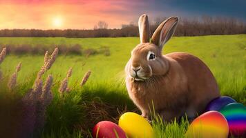 AI generated Easter bunny or rabbit on spring meadow with colorful eggs flowers at sintise, holiday greeting card, generative ai, neural network generated art photo