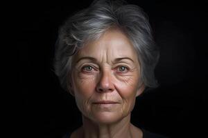 AI generated Portrait of senior gray-haired Caucasian woman on black background. Neural network generated photorealistic image. photo