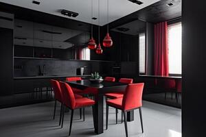 AI generated Black and red kitchen interior. Meeting area dining room, neural network generated image photo