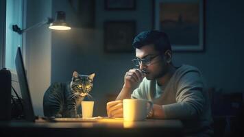 AI generated young indian man using laptop at working table with his cat at night at home office, neural network generated image photo