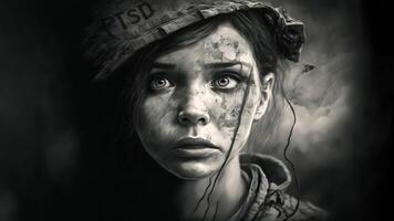 AI generated scared yong woman dirty clothes looking straight at the viewer, neural network generated art photo