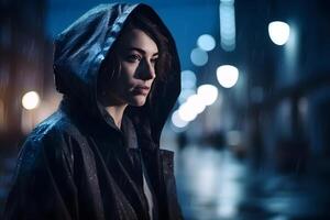 AI generated cinematic portrait of stranger on night street in thriller style, neural network generated photorealistic image photo