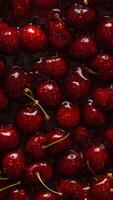 AI generated Fresh red cherry with water drops seamless closeup background and texture, neural network generated image photo