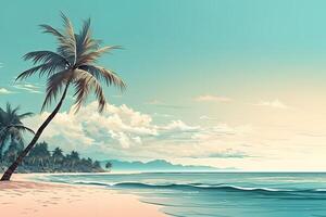 AI generated tropical beach view at day time with white sand, turquoise water and palm tree, neural network generated image photo