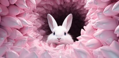 AI generated a white rabbit looking out of a small hole, photo