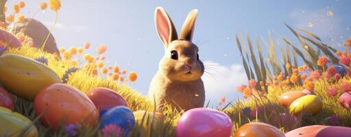 AI generated a rabbit sits in the grass near many colored eggs photo