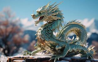 AI generated a green and white dragon figurine on a table with light reflected on it photo