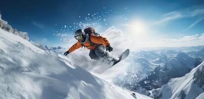 ai generado un snowboarder volador mediante un Nevado Valle en un naranja sombrero foto