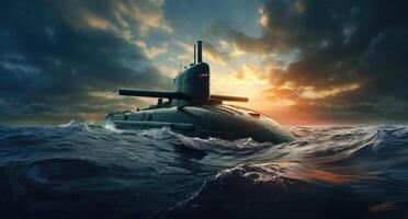AI generated a navy submarine on an ocean with cloudy skies in the background photo