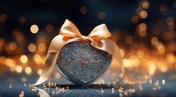 AI generated a silver heart gift box with bow and golden ribbon on a sunny night sky photo