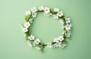 AI generated a white floral wreath on a light green background photo