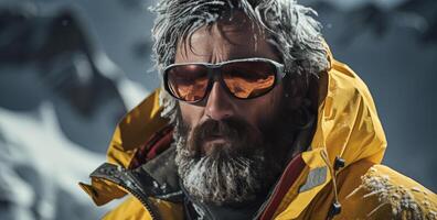 AI generated a man in a yellow jacket and goggles is on a frozen mountain photo
