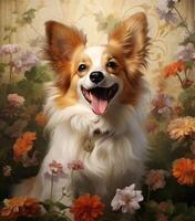 ai generado un Papillon perro es sonriente y acostado en el suelo foto