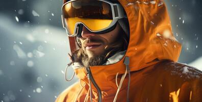 AI generated a man who is dressed in a coat and goggles is snowboarding photo