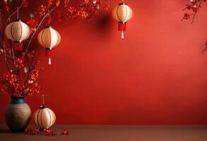 AI generated a red background with some papers and paper lanterns photo