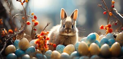 AI generated a rabbit sits in the grass near many colored eggs photo