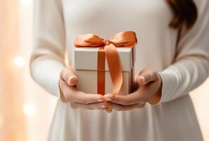 AI generated a womans hand holds the gift box with a ribbon photo